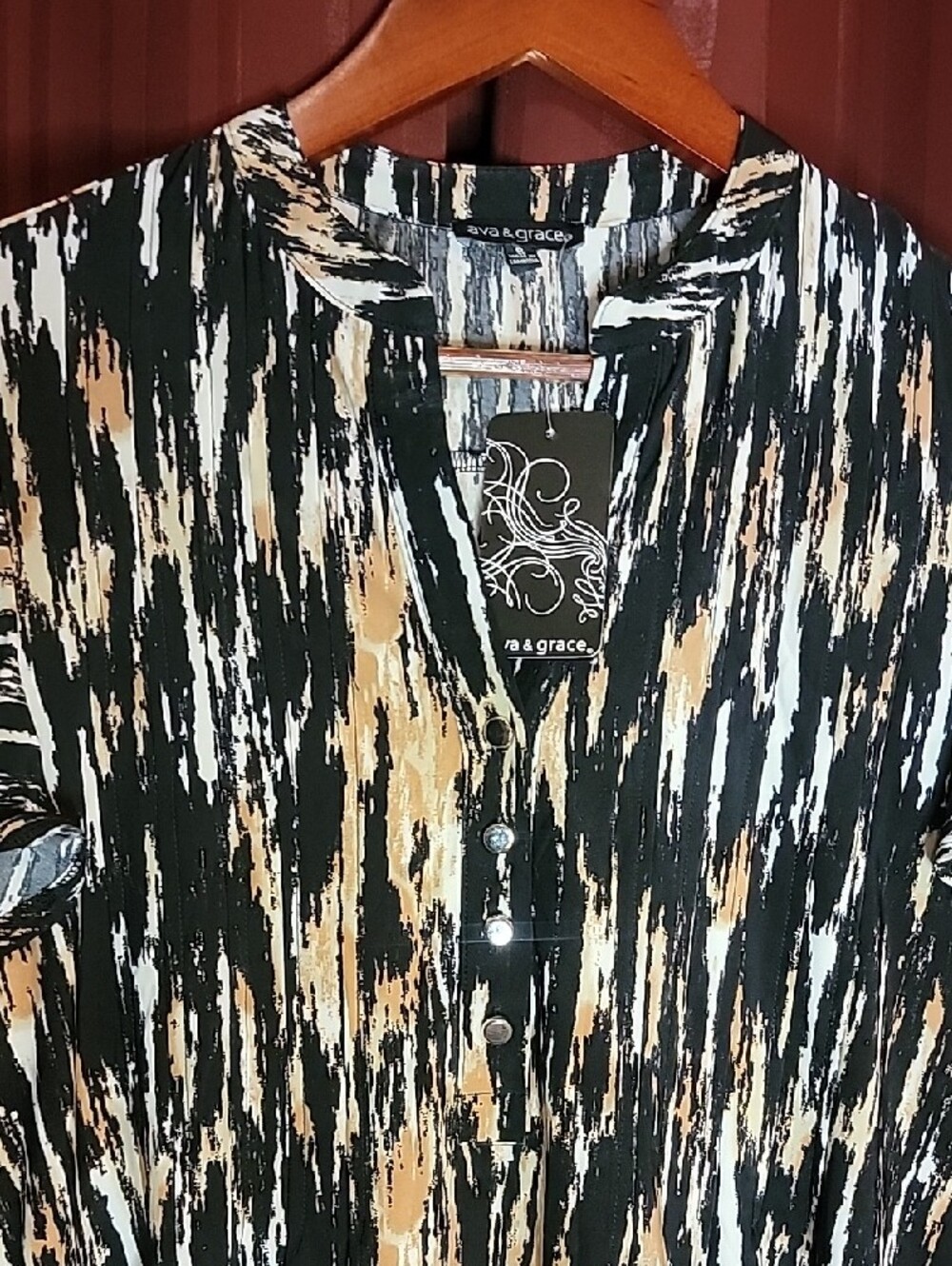 Women’s Abstract Print Short-Sleeve Blouse - Green/Tan